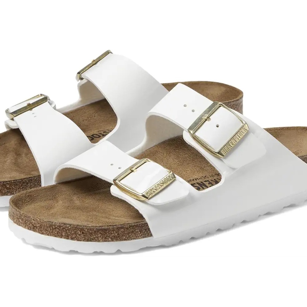 Birkenstock White Sandals with Gold Buckles